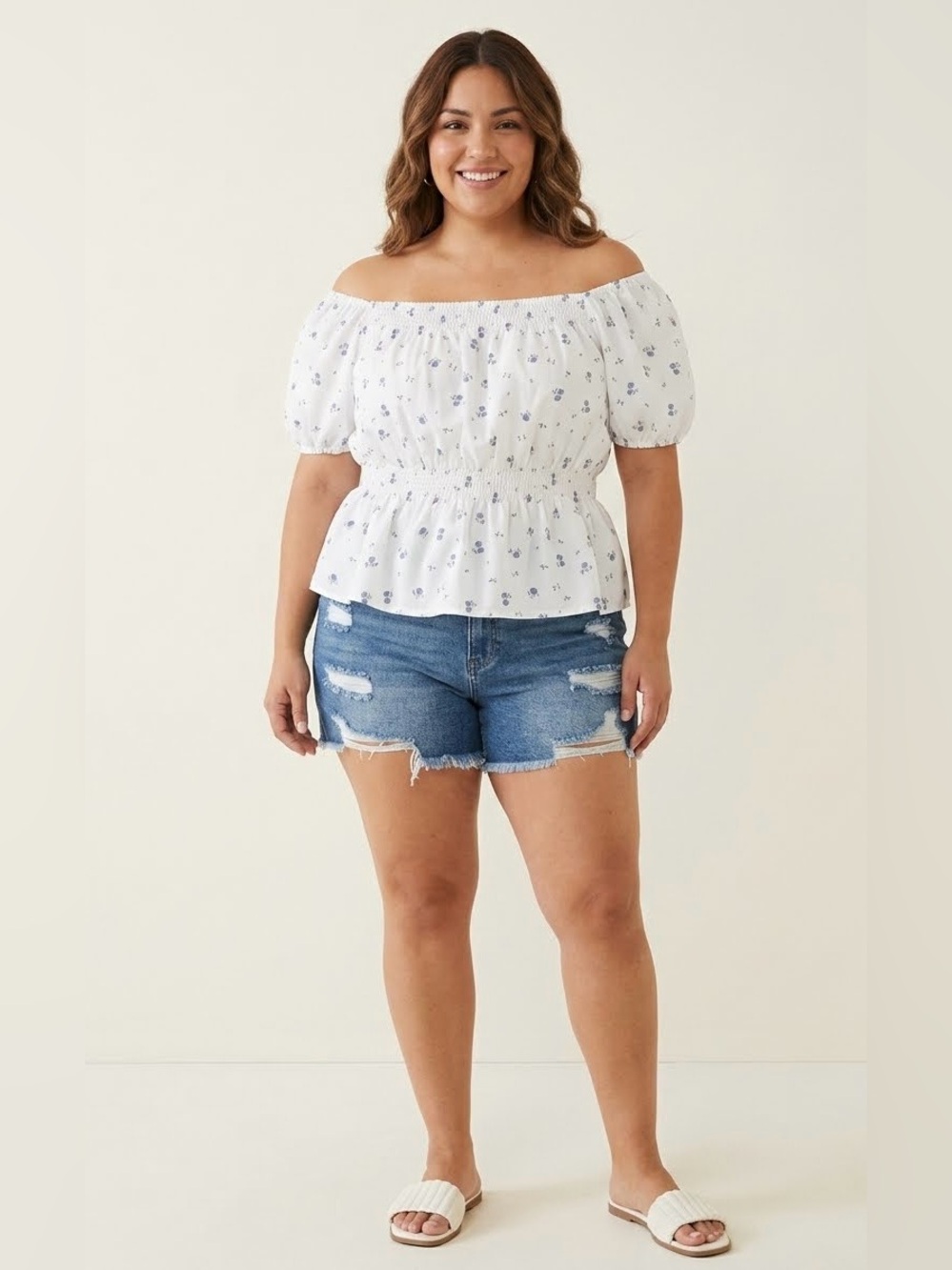 Dazy Floral Off the Shoulder Smocked Peplum Blouse XL